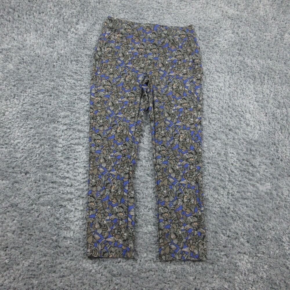 Chicos Travelers Pants Womens 0R Black Blue Floral Stretch Pull On Slacks 30x27*